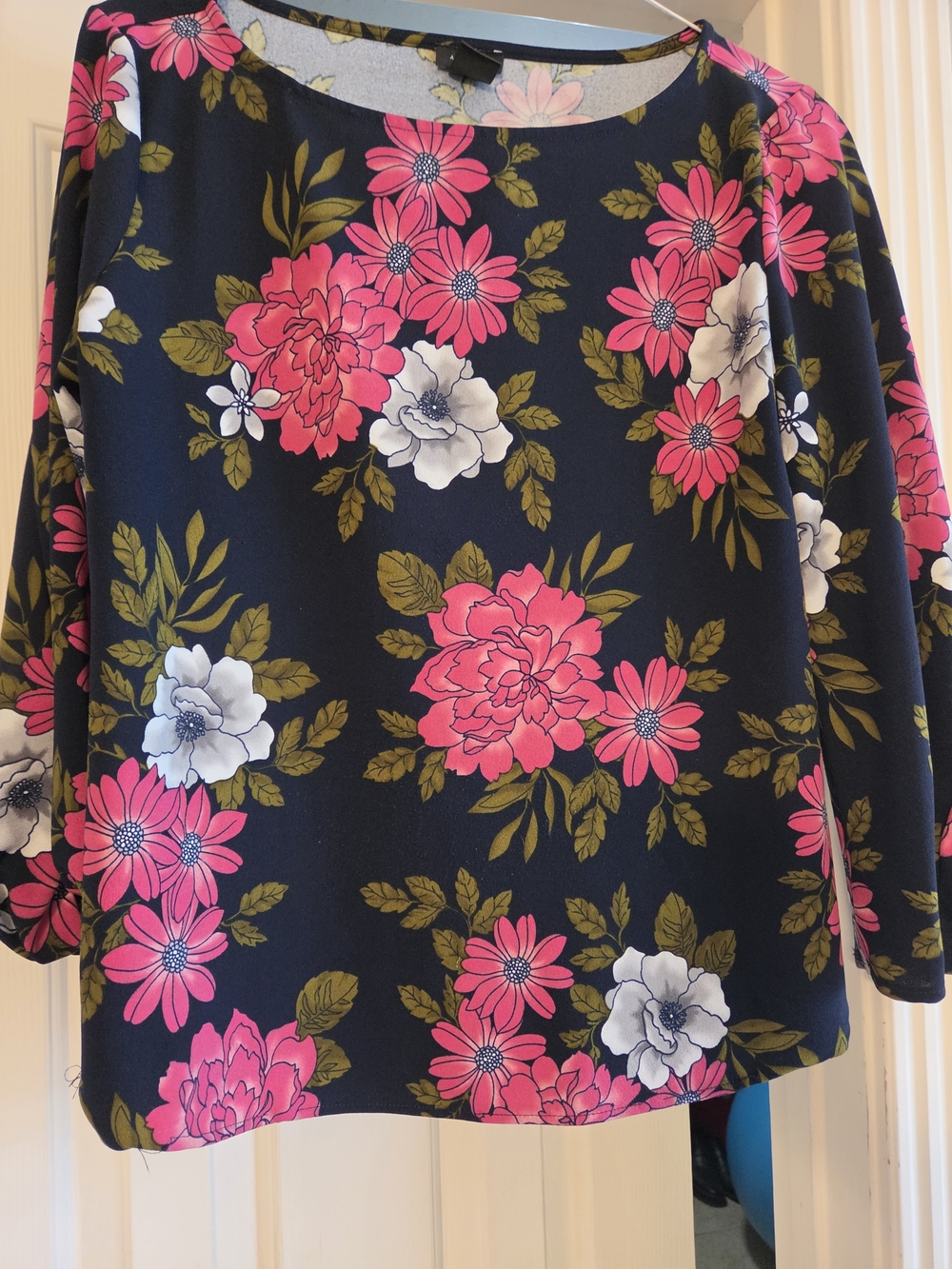 Ann Taylor Factory Black Floral Top with Pink & White Blooms